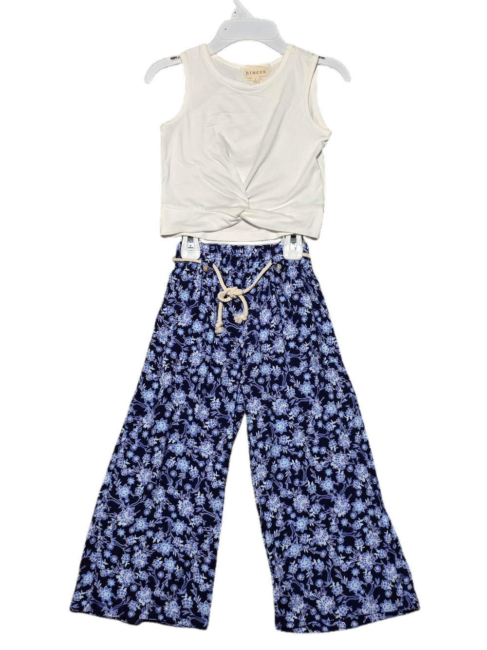 btween - Ivory Front Twist Crop Top with Navy Floral Wide-Leg Pants